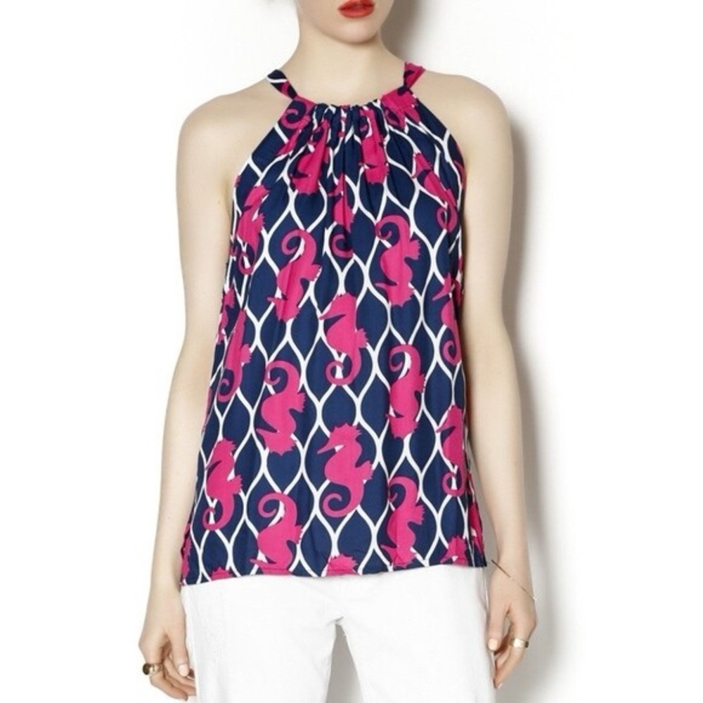 Escapada Navy and Pink Seahorse Halter with Back Neck Tie